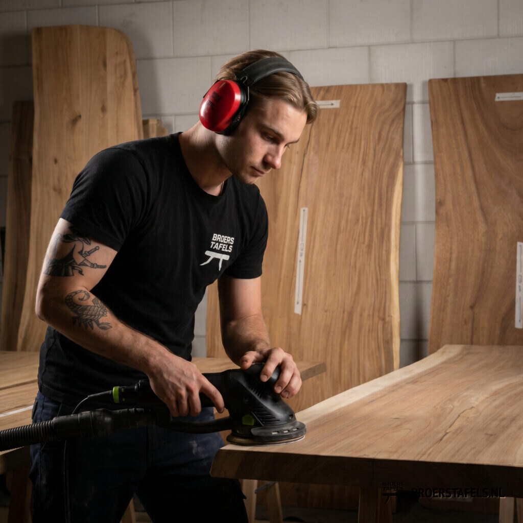 Gijs schuurt een massief houten tafelblad in het atelier